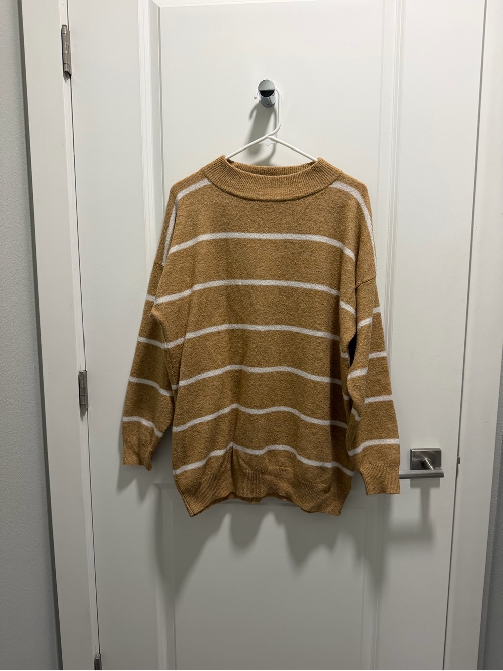 Tan and White Striped Crewneck Sweater